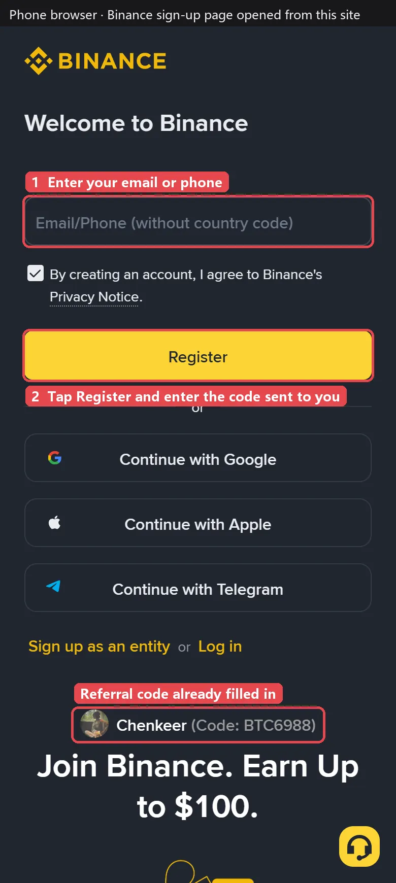 Binance sign-up page with the email field, Register button and referral code shown