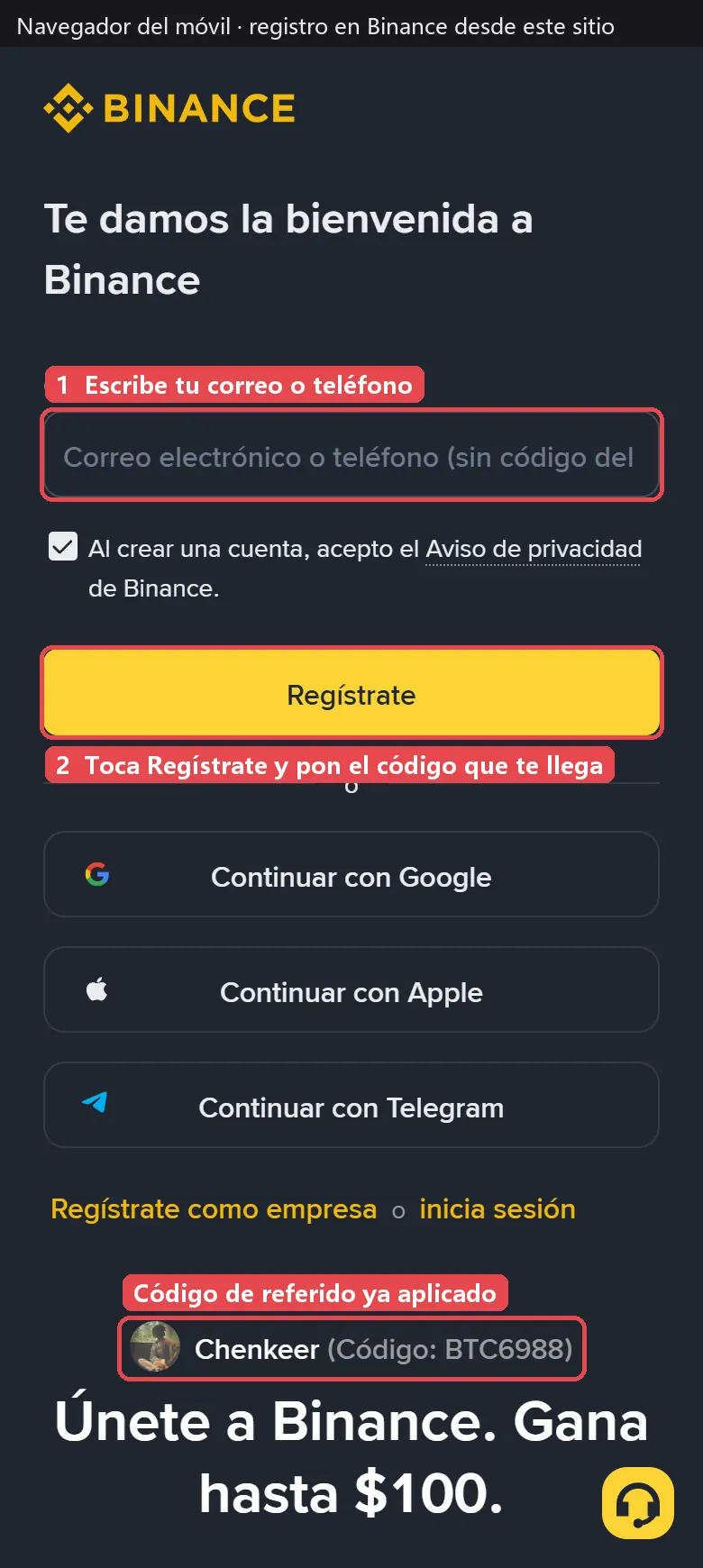 Página de registro de Binance con el campo de correo, el botón Regístrate y el código de referido