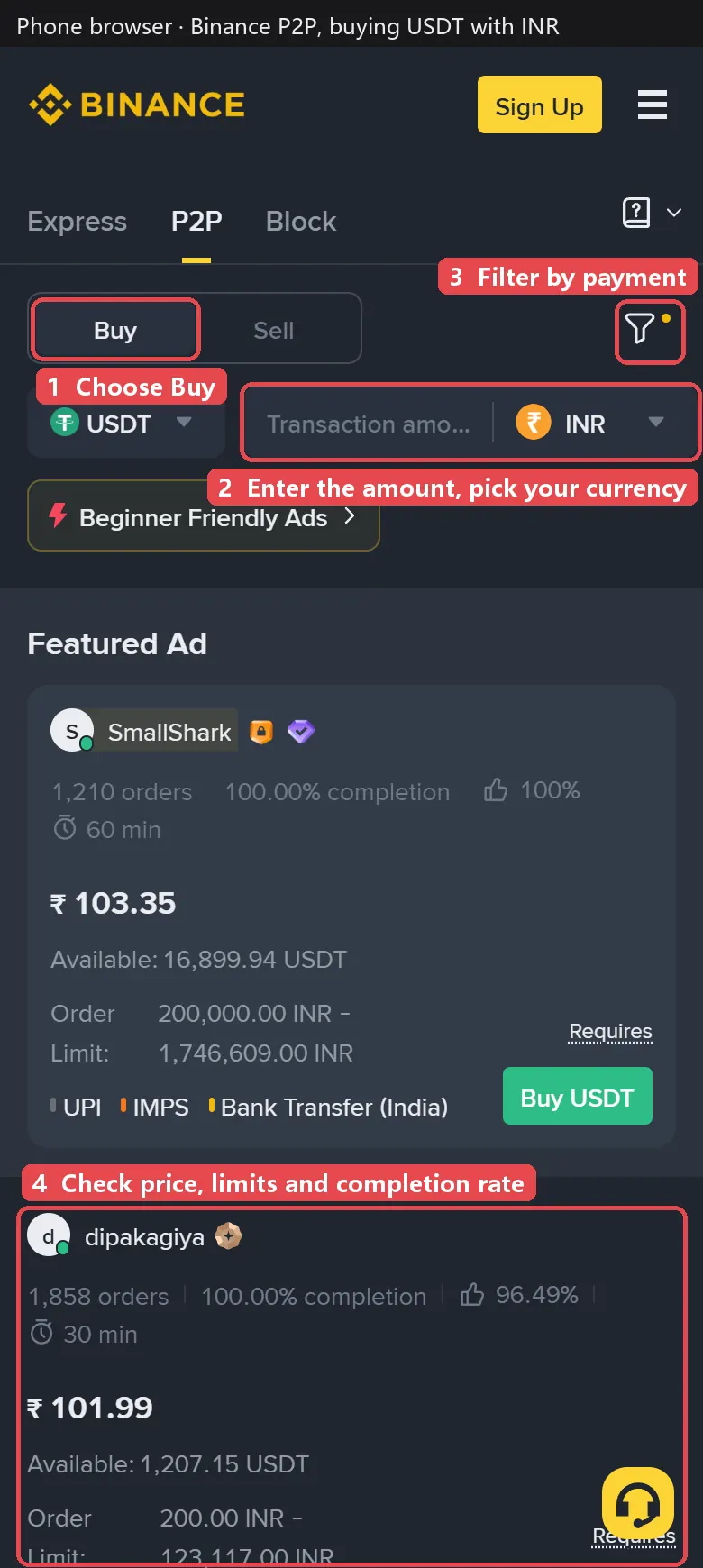 Binance P2P page buying USDT with INR: Buy tab, amount and currency box, payment filter and a seller ad