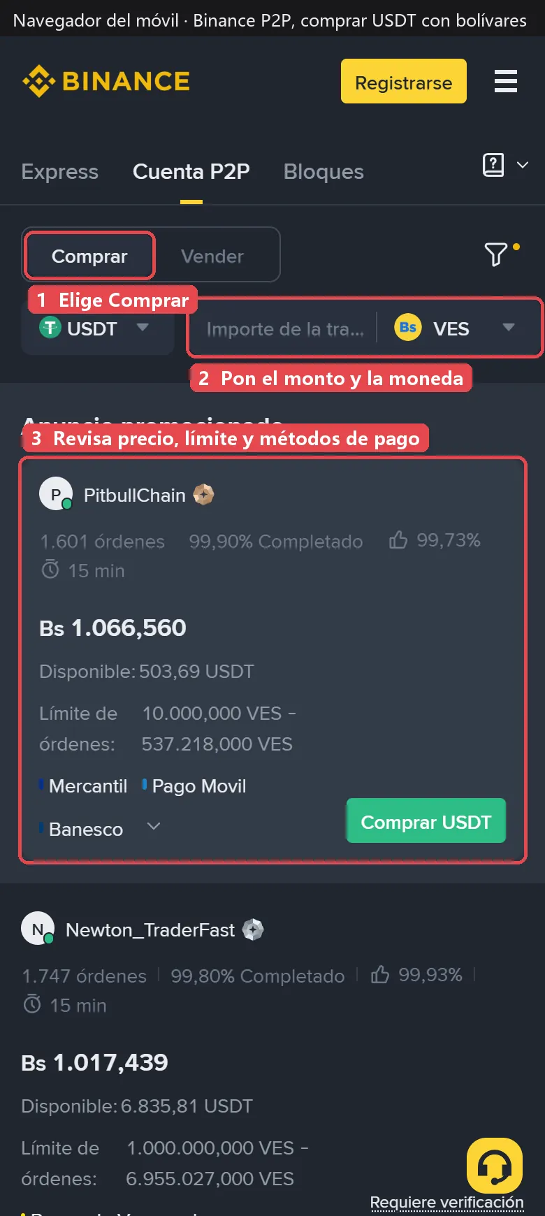Binance P2P comprando USDT con bolívares: pestaña Comprar, casilla de importe y un anuncio con precio, límite y métodos de pago