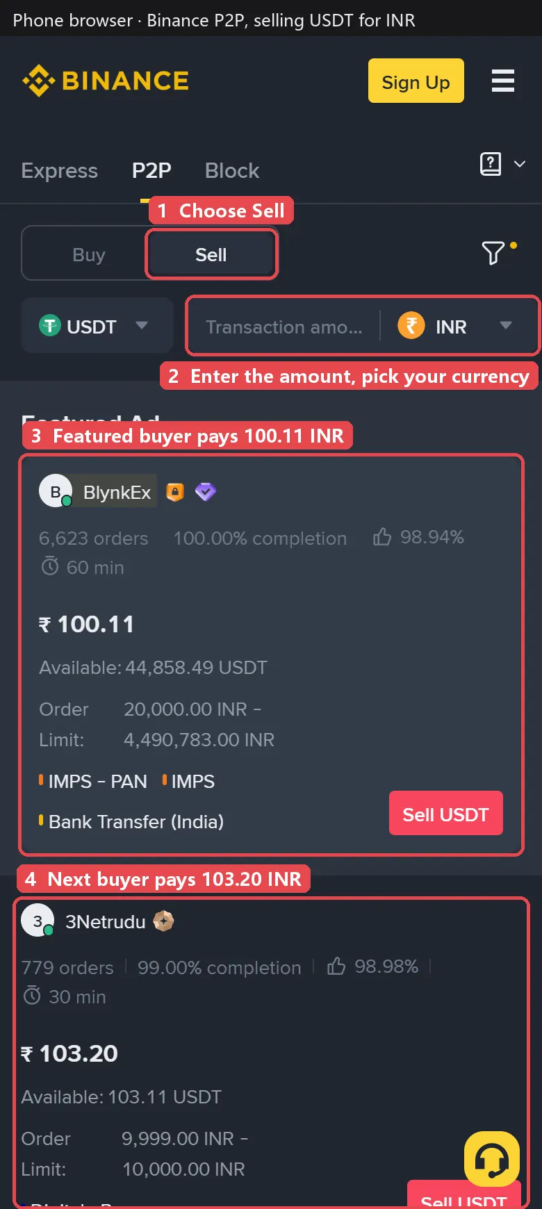 Binance P2P Sell tab for INR: featured buyer pays 100.11 INR while the next buyer pays 103.20 INR