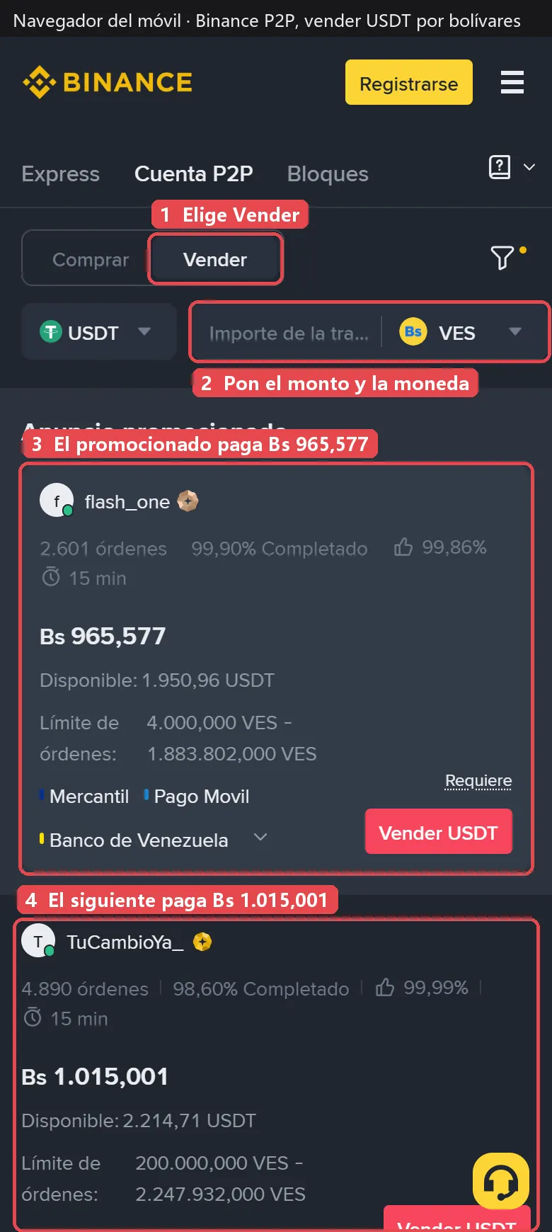 Binance P2P, pestaña Vender con VES: el anuncio promocionado paga menos que el siguiente comprador