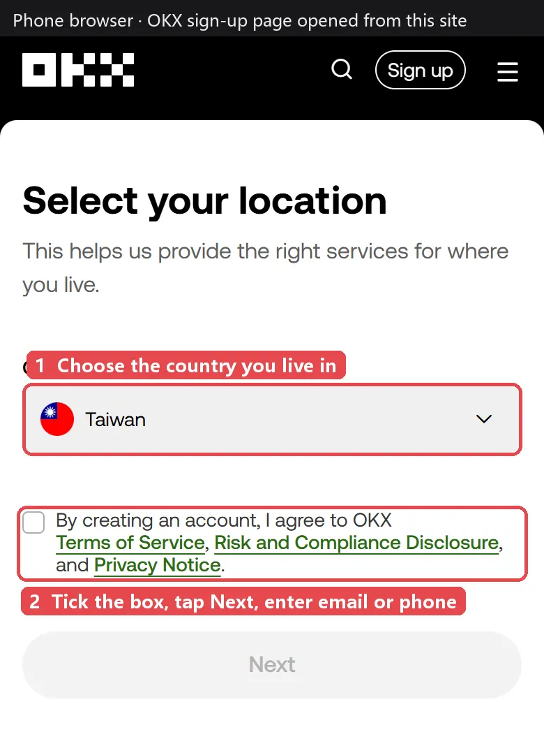 OKX sign-up page: choose your country, tick the agreement box and tap Next