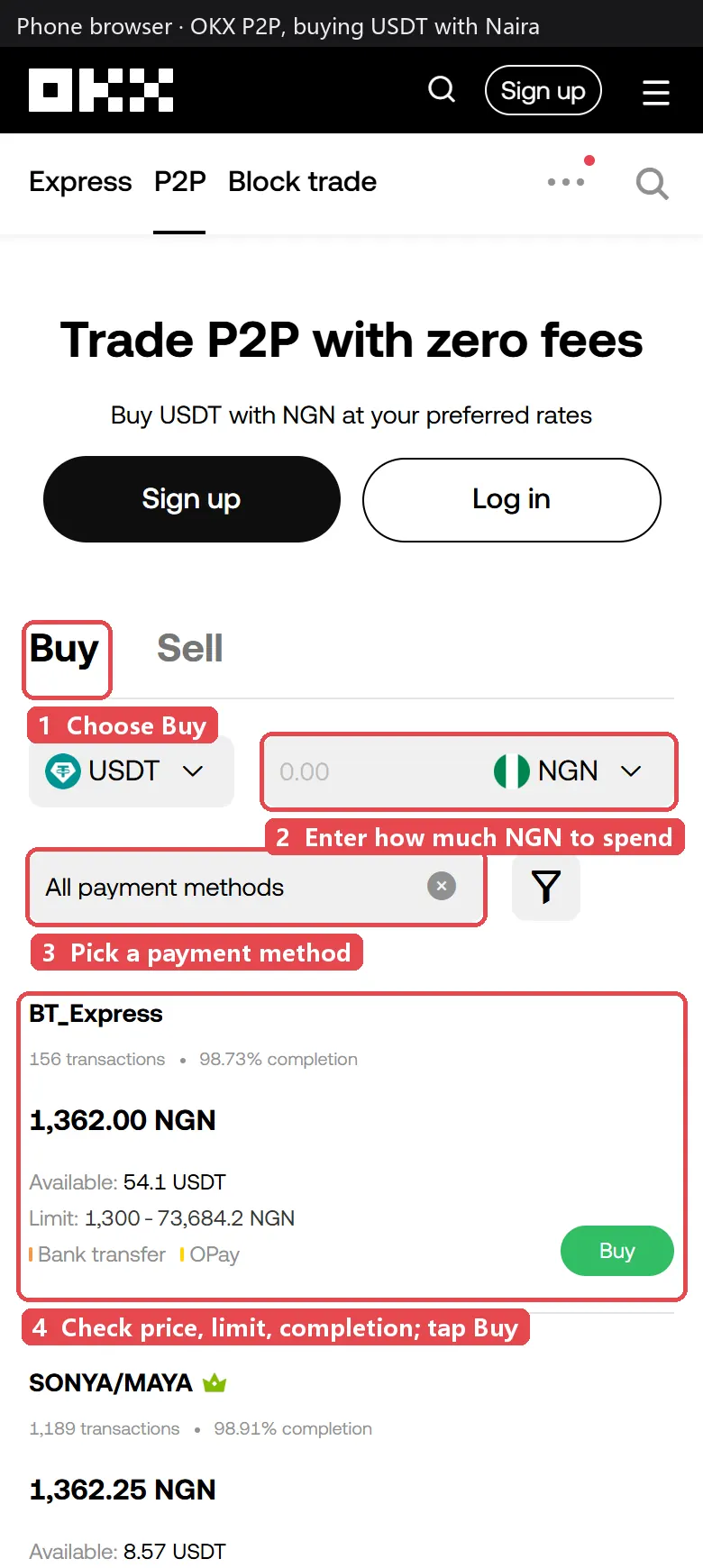 OKX P2P page buying USDT with NGN: Buy tab, amount box, payment method filter and a seller ad