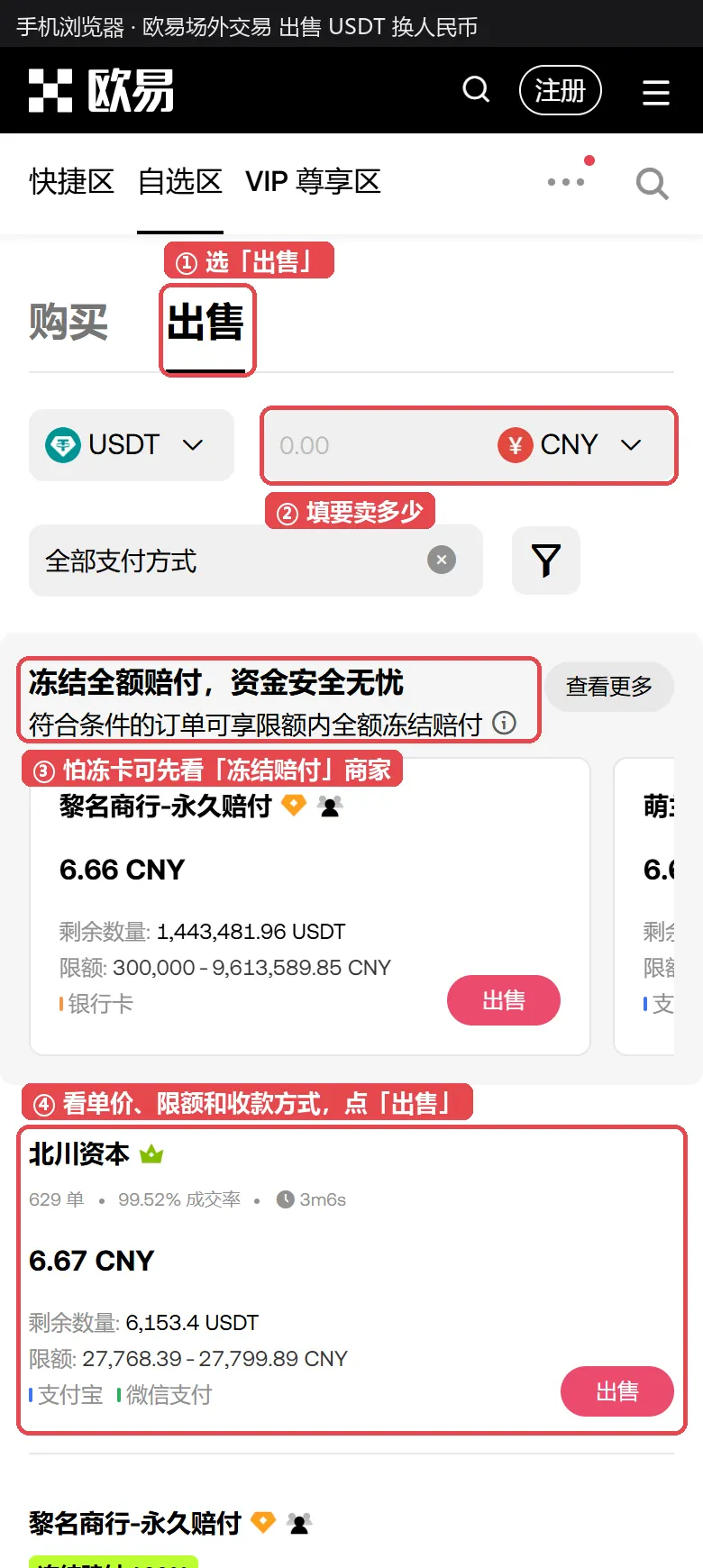 欧易场外出售页面:出售标签、金额框、冻结全额赔付专区和买家广告